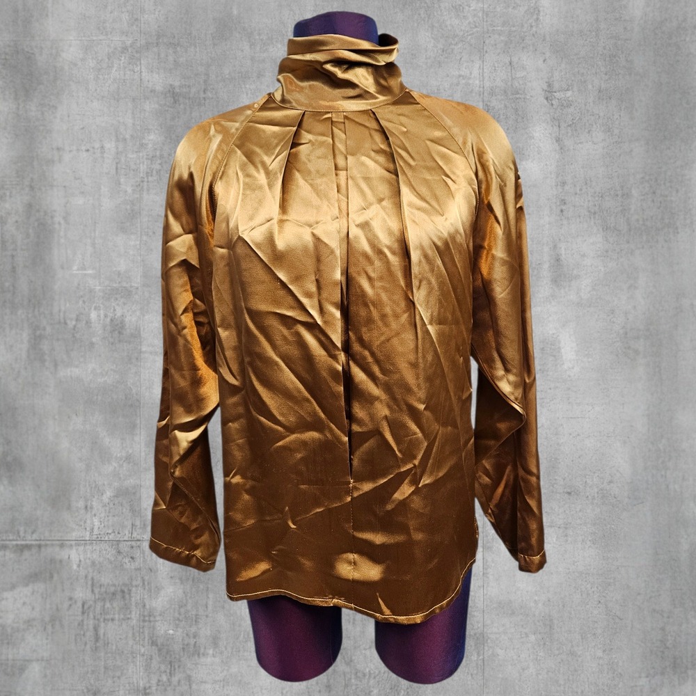 Sonya Kay for Michelle Stuart Vintage Gold Satin Mock Neck Pleated Blouse Medium